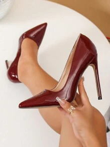 Fall/Winter 2025 Women's Glossy Pointed Toe High Heel Pumps, Burgundy, New 2024 Collection, Elegant