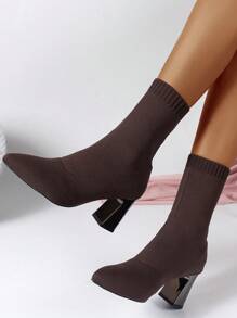 7,5 cm schlanker gestrickter Spitzschuh mit Plateau-Absatz, elastischer Kniehoher Stiefel, Damen, Herbst/Winter 2025 Neuerscheinung - Braun - Übersicht 20