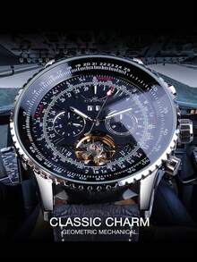 JARAGAR 1 Đồng hồ cơ thể thao quân đội nam có Tourbillon, bộ máy rỗng, mặt số đa chức năng có hiển thị thứ, ngày và 24 giờ, kim phát sáng, dây da thời trang màu đen, tự động lên dây cót, đồng hồ phong cách phi công, quà tặng sinh nhật/ngày lễ - màu đen - Xem 8