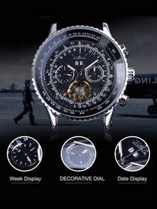 JARAGAR 1 Đồng hồ cơ thể thao quân đội nam có Tourbillon, bộ máy rỗng, mặt số đa chức năng có hiển thị thứ, ngày và 24 giờ, kim phát sáng, dây da thời trang màu đen, tự động lên dây cót, đồng hồ phong cách phi công, quà tặng sinh nhật/ngày lễ - màu đen - Xem 6