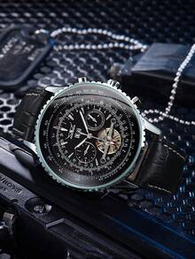 JARAGAR 1 Đồng hồ cơ thể thao quân đội nam có Tourbillon, bộ máy rỗng, mặt số đa chức năng có hiển thị thứ, ngày và 24 giờ, kim phát sáng, dây da thời trang màu đen, tự động lên dây cót, đồng hồ phong cách phi công, quà tặng sinh nhật/ngày lễ - màu đen - Xem 3