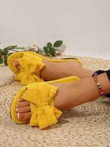 Dép/Sandal đế bằng hở mũi dễ thương có nơ mới thoải mái cho phụ nữ ngoại cỡ, giày đi biển ngoài trời thời trang thường ngày mùa hè - Màu vàng - Xem 7