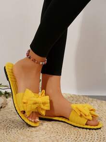 Dép/Sandal đế bằng hở mũi dễ thương có nơ mới thoải mái cho phụ nữ ngoại cỡ, giày đi biển ngoài trời thời trang thường ngày mùa hè - Màu vàng - Xem 4