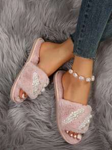 女士蝴蝶结仿珍珠毛绒平底拖鞋，蝴蝶结樱桃纯色轻便露趾白色鞋子舒适户外室内多功能秋冬保暖防滑家居拖鞋 - 粉色 - 查看 4