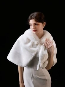 Elegant Fashion Women Bridal Wedding Ceremony Party Outdoor Windproof Warm Fluffy Shawl, Autumn/Winter Warm Plush Shawl - White - View 2