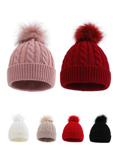 带绒球的针织无檐便帽，适合儿童和成人，温暖柔软的卷边无檐便帽，适合秋冬季