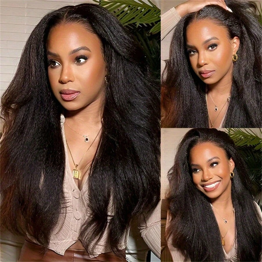 250% Density Kinky Straight Wig Human Hair 13x4 HD Lace Front Wigs Human Hair Wigs For Women Yaki Straight Human Hair Wig Glueless Frontal Wigs Human Hair Pre Plucked - Natural Black - 查看 1