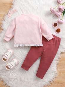 2 件装女婴春秋卡通印花长袖上衣，带网眼和蕾丝细节和纯色长裤套装 - 粉色 - 查看 2