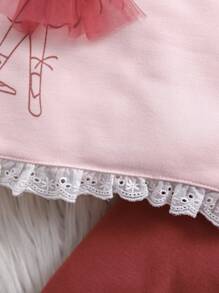 2 件装女婴春秋卡通印花长袖上衣，带网眼和蕾丝细节和纯色长裤套装 - 粉色 - 查看 5