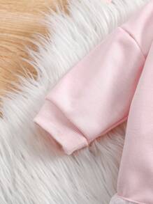 2 件装女婴春秋卡通印花长袖上衣，带网眼和蕾丝细节和纯色长裤套装 - 粉色 - 查看 4