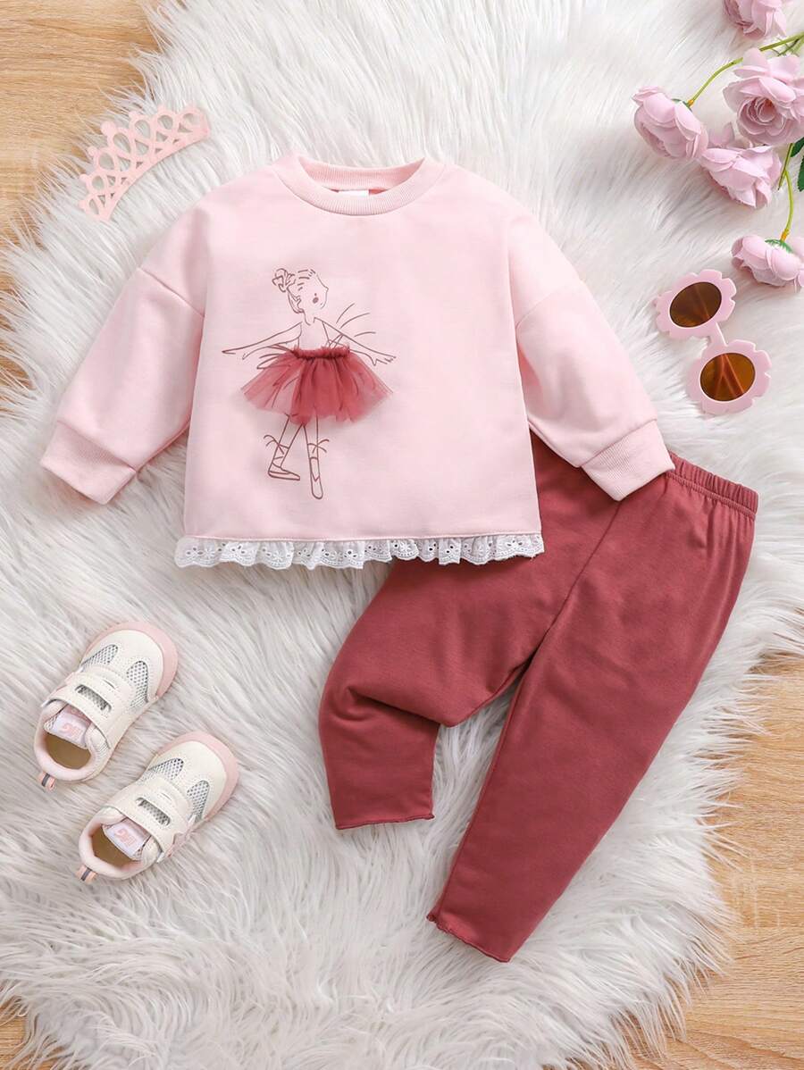 2 件装女婴春秋卡通印花长袖上衣，带网眼和蕾丝细节和纯色长裤套装 - 粉色 - 查看 1