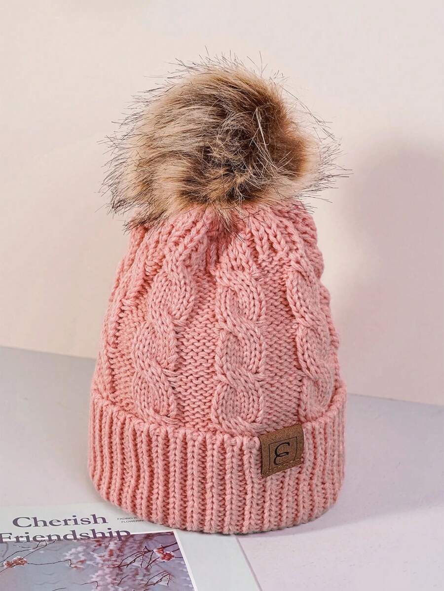 1 件男女通用保暖、透气、时尚、百搭针织帽，带绒球，适合户外、滑雪和日常休闲穿着冬帽 - 深粉 - 查看 1