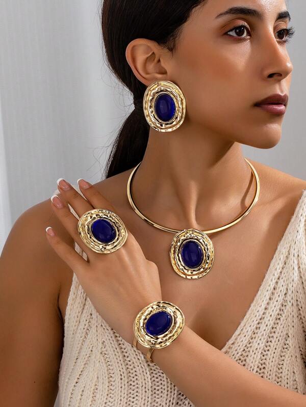 1pc/Set 2025 New Arrival European & American Cross-Border Dramatic Metallic Smooth Faux Pearl Ring, Earring, Bracelet, Necklace Set, Versatile Elegant Women's Party & Daily Wear Gift
