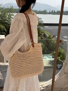 Lässig Schulterfreie Strick Tasche, 2024 neuester lässiger Stil Geflochtener Henkel Strandtasche für den Urlaub