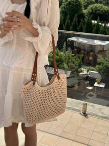 Lässig Schulterfreie Strick Tasche, 2024 neuester lässiger Stil Geflochtener Henkel Strandtasche für den Urlaub