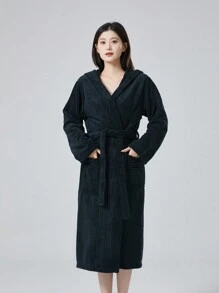 1pc Autumn/Winter Thermal Lined V-Neck Long Cardigan Robe, Coral Fleece Lined Long Sleeve With Pockets Casual Plush Robe, Women Sleepwear