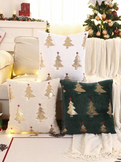 1pc Christmas Tree Star Pattern Decorative Plush Cushion Cover With Golden Sequins, Suitable For Autumn/Winter