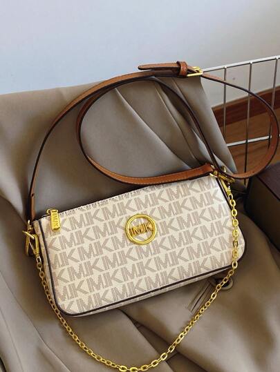 Bolso de hombro para mujer con solapa bajo el brazo, patchwork de color contrastante, decoración con cadena, correa ajustable, estampado de letra de tipo bandolera casual, nuevo diseño