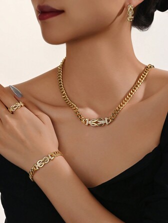 5piece/Set Of European And American Fashionable And Elegant 18k Gold-Plated Hypoallergenic Chain Zirconia High-End Jewelry Set, Suitable For Daily Wear Or Attending Parties