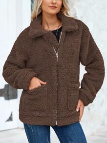 Women's Fashion Winter Coat Sherpa Fleece Faux Fur Shearling Oversized  Jackets Warm Outerwear - Màu cà phê đậm - Xem 2