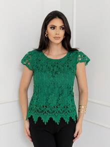 Women's Imported Top, There Are Two Layers Of Fabric, The First Layer Is A Hollow Jianying Design, Lined Before And After, And The Lower Body Is A Pleated Edge Design, The Model Number Is CMZ214. - màu xanh lá - Xem 3