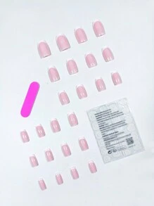 24Pcs Minimalist Cute Blush Pink Short Square White-Rimmed French Style Press-On Nail Tips, Nail Sticker Set Suitable For Daily, Date, Afternoon Tea, Outing Press On Nails Nail Supplies Nails