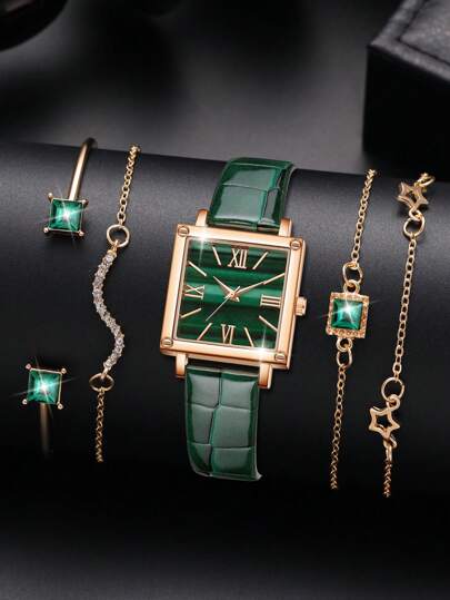 5PCS Ladies' Green PU Leather Dtrap Fashionable Casual Retro Simple Scale Square Dial Quartz Watch Bracelet Set For Daily Wear Decoration Or Gift Giving