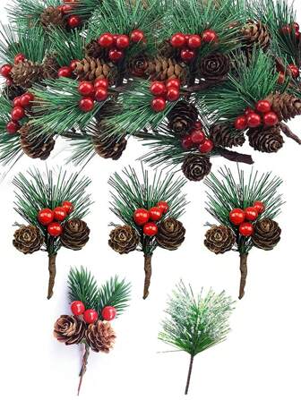 5pcs Artificial Pine Needle, Red Berry & Pine Cone, Dried Red Berry, Mini Artificial Pine Cone, DIY Wreath Supplies, Christmas Wreath, Suitable For Christmas Wedding Party, Kitchen, Dining Room, Tabletop Decoration Home Decor Christmas Decorations Room Decor