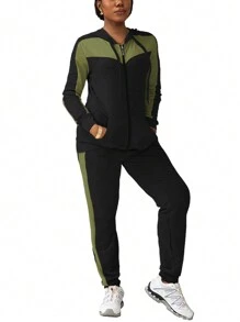 拼色拉链连帽长袖运动衫和运动裤休闲运动套装