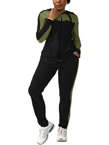 拼色拉链连帽长袖运动衫和运动裤休闲运动套装