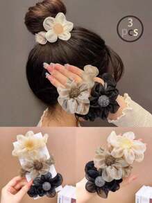 Aylhfo Set de 3 accesorios para el cabello de niña con diseño floral, que incluye: 1 coletero de flor de organza beige, 1 flor marrón y 1 liga para el cabello negra para uso diario