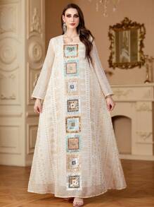 Siskakia 女士迪拜风格亮片刺绣方领长袖派对长袍 - 白色 - 查看 2