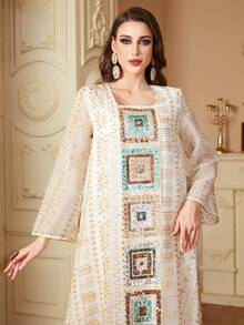 Siskakia 女士迪拜风格亮片刺绣方领长袖派对长袍 - 白色 - 查看 7