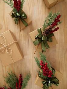 1 套（3 件）逼真的绿色植物迷你花束 - 松树和红色浆果，适合圣诞节冬季装饰、桌面、房间、家居