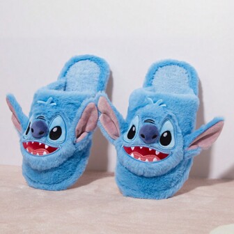  Miniso Disney Stitch Long Plush Slippers, Winter Fuzzy House And Outdoor Slippers, Cute Cartoon Style Warm Anti-Slip Slippers For Adult(Size 41-42)