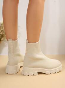 Botas de calcetín de alta altura para mujer de talla grande, zapatillas casuales ligeras y elásticas, botas de tobillo de punta redonda, transpirables y estilizadoras, adecuadas para otoño/invierno - Beis - Ver 6