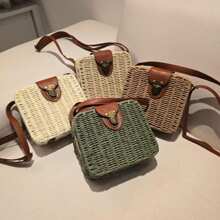 Women's Beach Bag Square Handmade Straw Inner Lining Blogger Chest Crossbody Shoulder Bag - 摩卡棕 - 查看 3