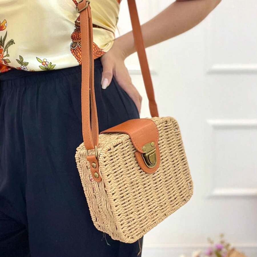 Women's Beach Bag Square Handmade Straw Inner Lining Blogger Chest Crossbody Shoulder Bag - 摩卡棕 - 查看 1