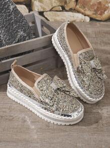Women's Platform Glitter Fashion Sneakers, Casual Lightweight Wedge Heel Shoes - Grey - View 7