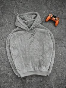 Sudadera con capucha de manga larga de felpa lisa con bolsillos para hombre - Gris - Ver 2