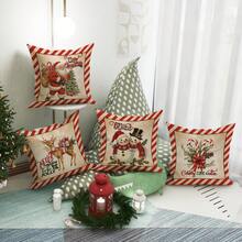 4 件圣诞快乐圣诞老人雪人鹿礼物拐杖糖天鹅绒抱枕套农舍复古可爱红色绿色舒适装饰枕套单面印花 18 英寸 * 18 英寸适用于圣诞节冬季客厅卧室沙发床装饰（无枕芯） - 紅色 - 查看 5