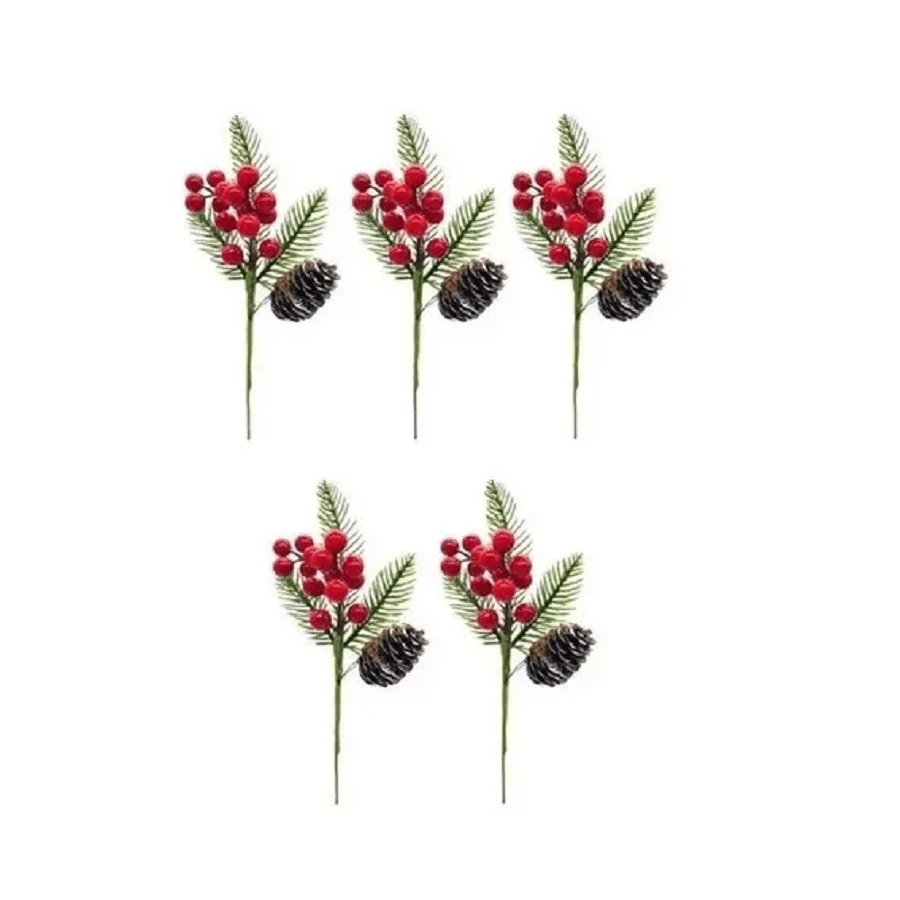 Kit 5 Decorative Christmas Flower Bouquets Cherry And Pine Cone 20 Cm - Đỏ - Xem 1