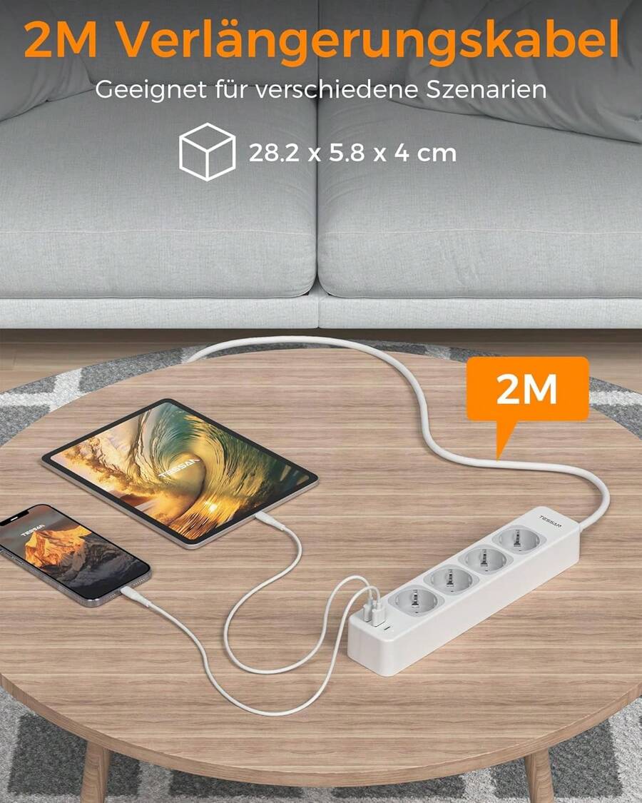 TESSAN 4-Way Multiple Socket With USB C And 2 USB A, 7 In 1 Power Strip Extension Cable 2M, Multiple Plug With Switch, 3600W Distribution Socket Power Strip, Multiple Socket With USB - 灰色 - 查看 1
