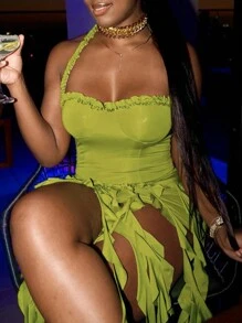 Summer Sexy Dress Solid Color Spider Lace Halter Neck , Casual Resort Wear Women Summer Sexy Strapless Midi Ruffles Bodycon Dress Solid Color Stretch Slit Slim Party Cocktail Dresses - màu xanh lá - Xem 5