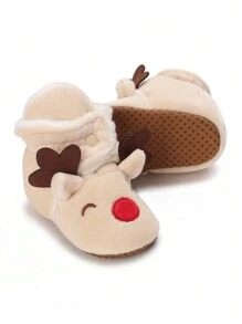 0-1 Years Old Infant Christmas Deer Design Winter Shoes, Winter Warm Booties, Soft Bottom First Walking Shoes, Comfortable Casual