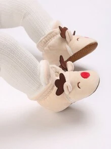 0-1 Years Old Infant Christmas Deer Design Winter Shoes, Winter Warm Booties, Soft Bottom First Walking Shoes, Comfortable Casual