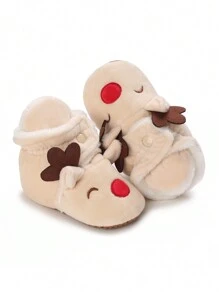 0-1 Years Old Infant Christmas Deer Design Winter Shoes, Winter Warm Booties, Soft Bottom First Walking Shoes, Comfortable Casual