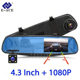 EE-ACE Cámara de salpicadero Full HD 1080P con cámara trasera de 6MP 720P, Grabador de video digital de espejo retrovisor de 4.3", Cámara de salpicadero de doble lente, Caja negra