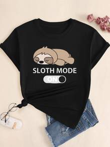 Sloth T-Shirt Mode Off Printed Baby Look Women's Cotton Shirt - 黑色 - 查看 1