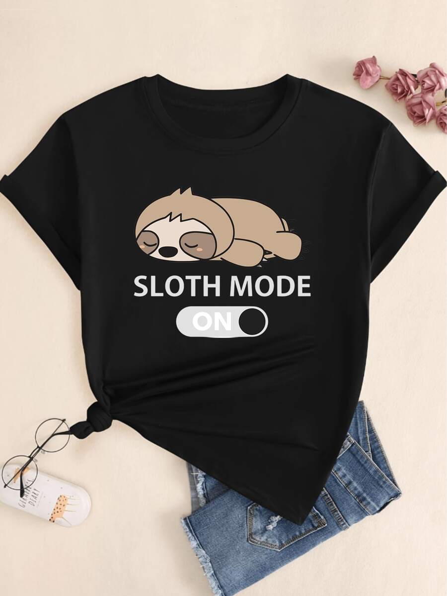 Sloth T-Shirt Mode Off Printed Baby Look Women's Cotton Shirt - 黑色 - 查看 1